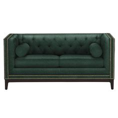 a green couch with gold trimmings and buttons on the arm, against a white background