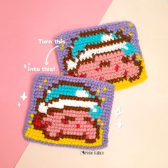 two crocheted coasters that have been made to look like cartoon characters on them