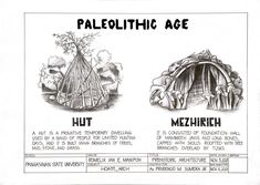 an old paper with two drawings of people and animals in the middle one is labeled paleolitic age