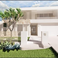 an artist's rendering of a modern house with palm trees in the front yard