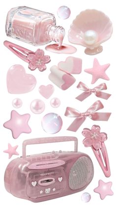 pink items are arranged in the shape of hearts, stars, and other things on display