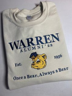 Warren Alumni embroidered sweatshirt Warren Staff Delivery Information:-There will be a "Local Delivery" option at checkout-Please list your room number or best location info to have your your order delivered to you Material:-50% Cotton, 50% Polyester-All hoodies and crewneck sweatshirts are fleeceCare instructions:-Machine wash cold, inside out, with like colors-Tumble dry low.-Medium iron. Do not iron embroidery. -Color chart is available in the listing photos. You can customize the sweatshirt Graduating Class Shirts, Alumni Homecoming Shirt Ideas, Alumni Tshirt Design Ideas, Vintage Embroidered Sweatshirt, Graduation Hoodie Design, College Merch Ideas, School Hoodies Design, School Merchandise Ideas, Class T Shirts