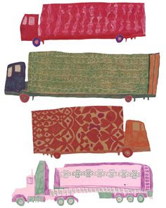 three trucks are painted in different colors and patterns, one is pink, the other is green