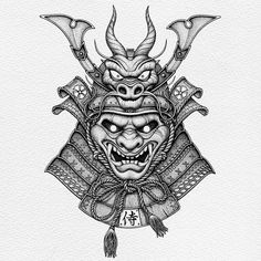 an ink drawing of a demon mask