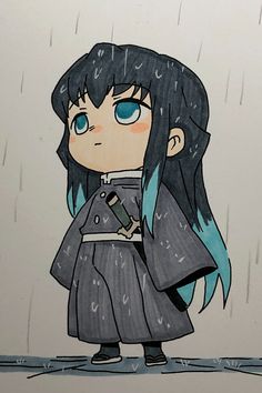 a drawing of a girl with blue eyes and black hair holding an umbrella in the rain