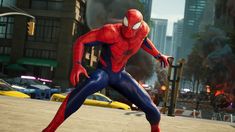 the amazing spider - man is standing in front of a city street