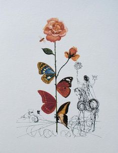 a drawing of a flower with butterflies on it and a man sitting in the background