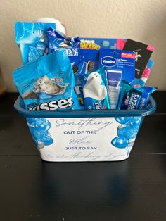 Grief treat gift basket filled with rice krispie treats, socks, lip balm, extra gum, oreos, herskey cookies and cream kisses, and sour heads. Blue Valentines Basket, Something Out Of The Blue Bc I Love You, Surgery Gift Basket Recovery For Men, Blue Gift Basket Ideas For Him, Blue Things For Gift Basket, Something Out Of The Blue For Boyfriend, When Your Feeling Blue Basket, Something Out Of The Blue Because I Love You Basket