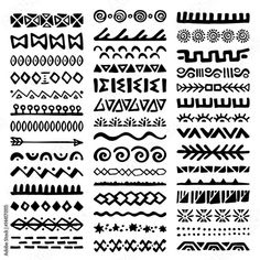 a set of hand drawn doodles in black and white, with different designs on them