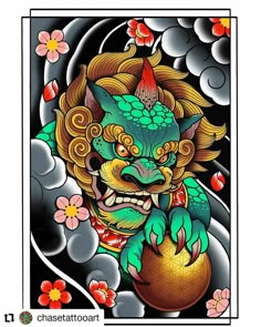 Foodog Tattoo Japanese, Japanese Foo Dog, Geometric Owl Tattoo, Japanese Flower Tattoo, Dragon Tattoo Art, Samurai Tattoo Design