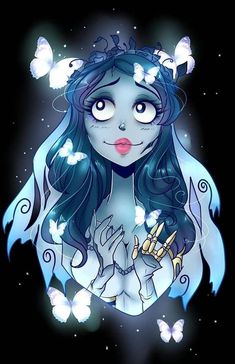 a drawing of a girl with blue hair and butterflies on her head, surrounded by butterflies