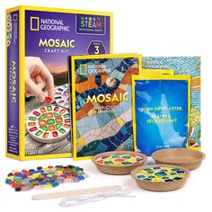 the mosaic craft kit includes three bowls and two spoons