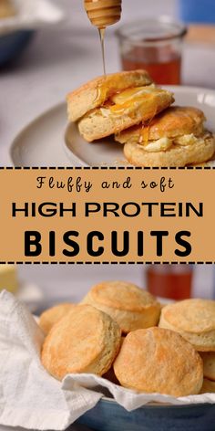 Top photo is drizzling honey over two protein biscuits with butter on them. Bottom photo is a bowl with a napkin full of protein biscuits. Protein Powder Biscuits, Protein Pastry Recipes, Protein Biscuits And Gravy, High Protein Cornbread, High Protein Hot Pocket, Ascent Protein Recipes, Healthy Breakfast Biscuits, High Protein Biscuits And Gravy, High Protein Breakfast Recipe