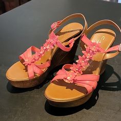 Salmon Pink And Brown Wedge Sandal With Floral Appliqu. New, Never Worn Brown Wedge Sandals, Brown Wedges, Pink And Brown, Salmon Pink, Wedge Sandal, Womens Shoes Wedges, Wedge Shoes, Wedge Sandals, Wedges