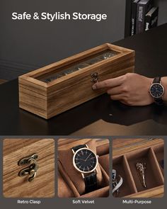 Description Features Color: Rustic WalnutMaterial: Paulownia Wood, Velvet Lining, GlassProduct Size: 4"D x 13.8"W x 3.4"H (10.2 x 35 x 8.7 cm)Product Weight: 1.3 lb (0.6 kg) Wood Watch Box, Wooden Watch Box, Watch Display Case, Watch Organizer, Travel Jewelry Organizer, Leather Organization, Premium Watches, Watch Display, Box Organizer