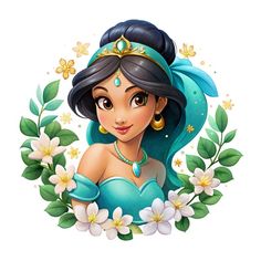 the princess from disney's little mermaid is surrounded by flowers and leaves, with her hair