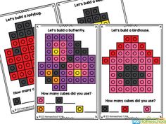 three different colored squares with the words let's build a butterfly and how many do you