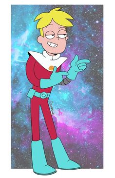 an image of a cartoon character in the space with stars and galaxy behind him, holding his hand out