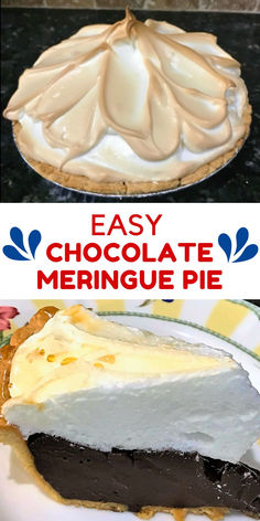 two pictures with different types of pies on them and the same one has chocolate meringue in it