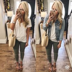 My jean jacket is becoming pretty handy in the mornings! ☀️ I just love spring weather! Chilly mornings + warm afternoons! does it get… Green Pants, Looks Style, Mode Inspiration, Fall Winter Outfits, Look Fashion, Spring Summer Fashion, Fashion Magazine