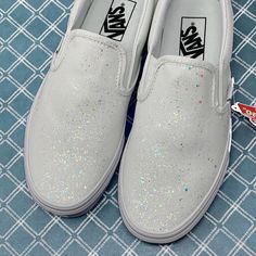 White Crystal Glitter Slip On Vans - ButterMakesMeHappy White Sparkly Dress, Glitter Vans, Sk8 Hi Vans, Slip On Vans, Shoe Trends, Hand Painted Shoes, Crystal Shoes, White Vans, Wedding 2024