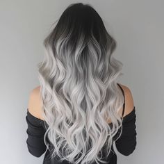 Black To Silver Ombre Hair, Dark Brown To Silver Ombre, Blonde Hair With Black Lowlights, Silver Hair Balayage, Silver Hair Ombre Black, Silver Balayage Hair, Platinum To Black Ombre, Icy Grey Blonde Hair, White Balayage