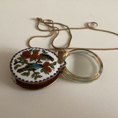 Rare Cloisonne Pendant, Magnifying Glass, Asian Chinese Enamel, Two Birds, Flowers, White And Green , Double-Sided, Gold Tone. Flowers White, Two Birds, Glass Color, Magnifying Glass, Colored Glass, White Vintage, Womens Jewelry Necklace, Vintage Ladies, Vintage Jewelry