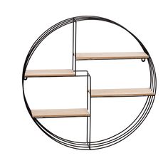 a round metal and wood shelf with three shelves in the center, on a white background