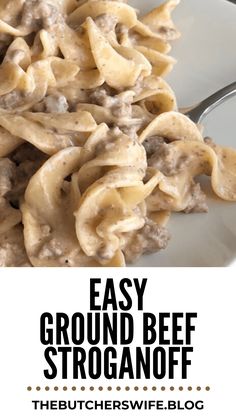 an easy ground beef stroganoni recipe on a white plate