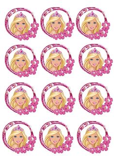 barbie doll stickers with pink beads and tiara on them, set of 12