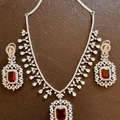 Red Zirconium Faux Diamond Pendant Set, Silver Plated CZ Necklace Set,american Diamond,indian Jewellery, Party Wear, Pendant Earrings - Etsy Diamond Indian Jewellery, Bridal Wedding Jewellery, Diamond Pendant Set, Necklace Set Indian, Diamond Pendant Sets, Indian Jewellery Design Earrings, Indian Jewellery Design, Cz Necklace, Jewelry Design Earrings