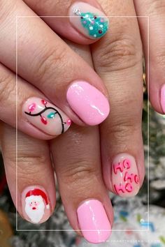 fun christmas light nails Kid Christmas Nails Easy, Christmas Nail Ideas Gel Short, Pink Red Green Christmas Nails, Pink Green Christmas Nails, Short Nail Christmas Ideas, Cute Nail Designs For Christmas, Nail Inspo Xmas, Christmas Nails With Pink, Bright Pink Christmas Nails