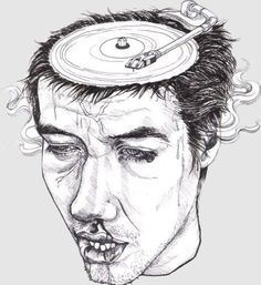 a drawing of a man's head with a frisbee on top of his head