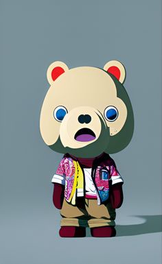 a teddy bear is wearing a backpack and standing in front of a gray background with blue eyes