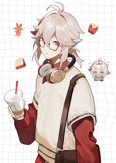 an anime character is holding a drink in one hand and a paper cup in the other