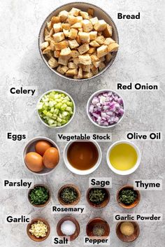 the ingredients for tofu are shown in small bowls and labeled with their corresponding names