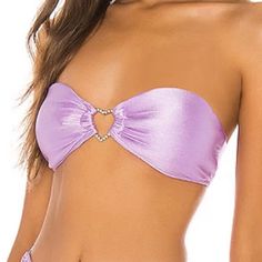 Has Lightly Visible Shoe Print From The Stores Floor 87% Nylon, 13% Spandex Hand Wash Cold Non-Slip Silicone Lining Padded Cups Metallic Heart Ring Accent Purple Stretch Strapless Swimwear, Purple Strapless Stretch Swimwear, Purple Bandeau Swimwear For Party, Purple Fitted Strapless Swimwear, Swimsuit Aesthetic, Cheeky Bikinis, Shoe Print, String Bikinis, Womens Swim