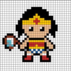 an image of a pixel art style wonder woman holding a baseball bat and ball in her hand