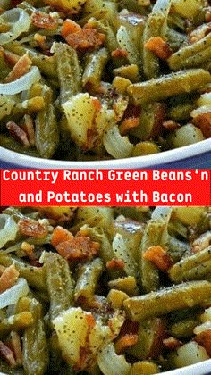 two pictures of green beans and potatoes with bacon in a white bowl on a table