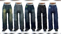 five pairs of men's jeans are shown in different colors and sizes, all with the same pattern