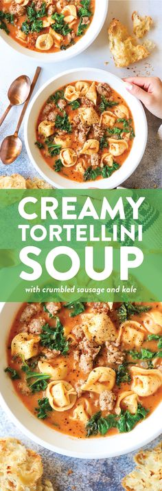 creamy tortellini soup with crumbled sausage and kale