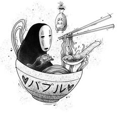 a bowl filled with noodles and chopsticks next to a person in a mask