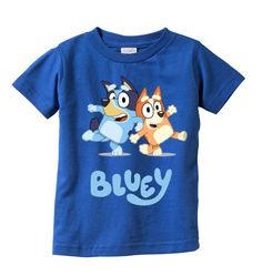 a blue t - shirt with two cartoon dogs on it and the words bluey