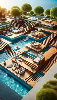 an artist's rendering of a pool with lounge chairs and tables in the middle