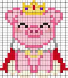 a pink pig with a yellow crown on it's head is featured in this cross stitch pattern