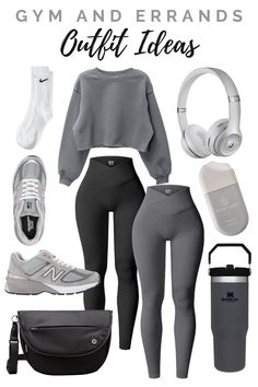 Grey Sweatshirt And Leggings Outfit, Gray Workout Outfit, New Balance Gym Outfit, Outfits With Gray Leggings, How To Style Grey Leggings, Leggings And Nike Socks Outfit, Outfits With Grey Leggings, How To Style Leggings, Nike Leggings Outfit