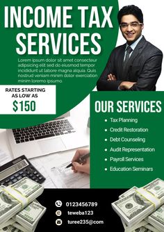 an advertisement for a tax service with money on the desk and a man in business attire