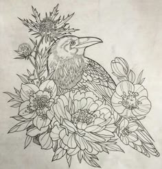 a drawing of a bird sitting on top of flowers