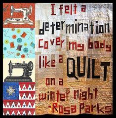 a quilt with words written on it and an old sewing machine next to it,