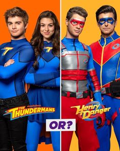 two different photos of people in costumes and one has the words thunderman on it